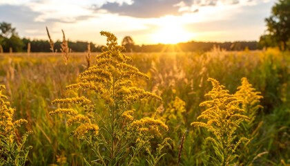 Golden wildflowers at sunset