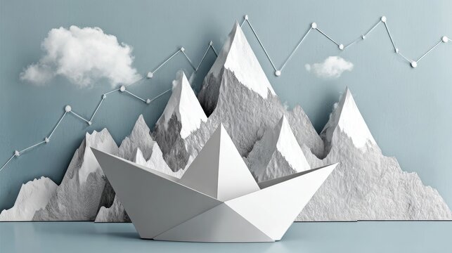 3D Render Paper Boat Navigating Growth Chart Mountains, Growth, Success Stock photo, 3D rendering