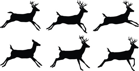 Black deer silhouettes running and jumping in different poses isolated on white background, wildlife vector illustration, hunting design, forest animal art collection