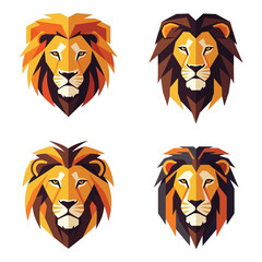 Set of four geometric lion head portraits with majestic manes diverse colors