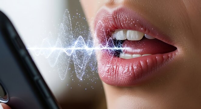 Voice assistant and speech recognition technology concept with woman using smartphone