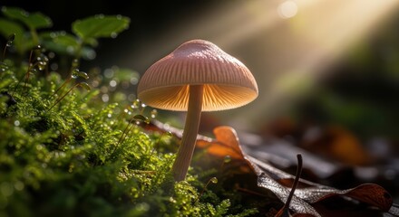 Fototapeta premium Enchanting forest mushroom in sunrise glow amidst dewy moss and fall leaves