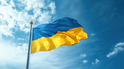 Waving Ukrainian flag against a clear blue sky on a sunny day