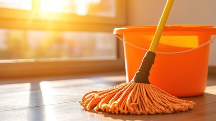 Cleaning supplies on wooden floor with sunset light in the background