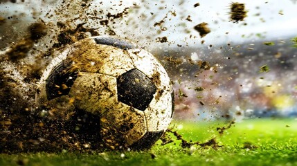 Exciting moment during a soccer match as the ball is kicked and dirt flies in the air