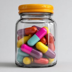 Colorful capsules in a glass jar on a simple background showcasing vibrant pharmacy products