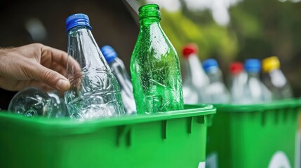 Recycling process with bottles in a green container outdoors in a sunny environment