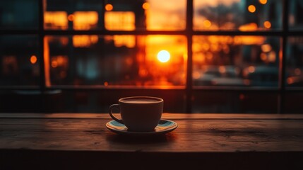 Enjoying coffee with a beautiful sunset view at a cozy cafe in the evening