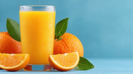 Fresh orange juice served in a clear glass with whole and sliced oranges on a blue background