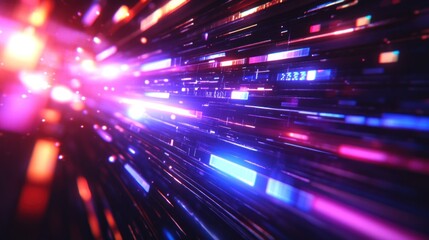 Colorful light beams create a dynamic pattern in a digital space