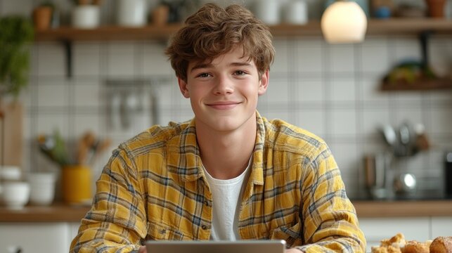 Teenager enjoying a tablet in a cozy kitchen setting during a sunny afternoon