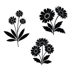 Three detailed black silhouette flower sprays with leaves ideal for artistic projects