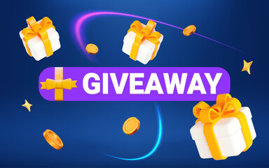 3d Giveaway banner with yellow flying gifts and gold coins. Stock vector illustration on blue isolated background.