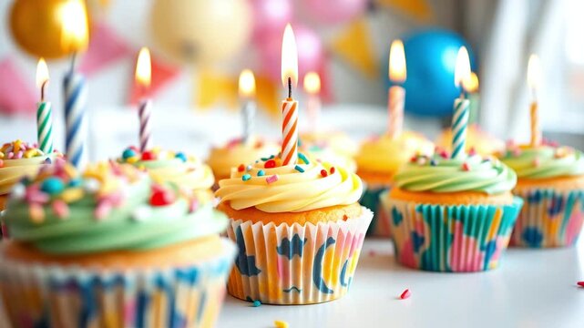 Colorful birthday cupcakes with lit candles on a table in a decorated room. A bright treat, a sweet dessert for friends and guests. Children's birthday party at home