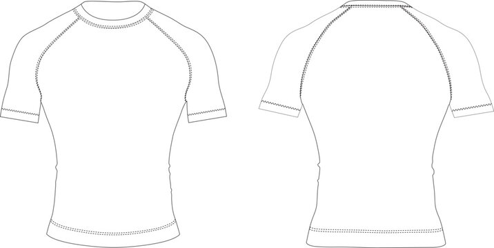 Blank rashguard technical flat sketch, front and back view. Fashion vector template for apparel design, clothing mockup, and garment illustration.