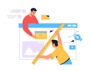 Programmers working together developing website, adding code and design elements using large ruler and pen tool, software development process, programming and coding, website creation and design