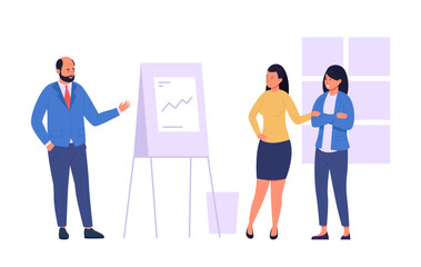 Business team analyzing financial reports and investments, with a manager presenting growing statistics on a flip chart during a meeting in the office