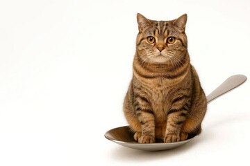 The cat sits inside a large metal spoon. Space for text.