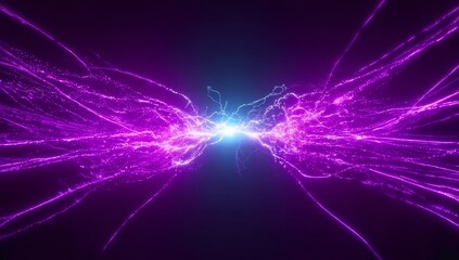 Vibrant purple and blue energy streams collide at the center in a glowing burst of light, representing high-speed data exchange, futuristic technology, artificial intelligence, and digital power flow