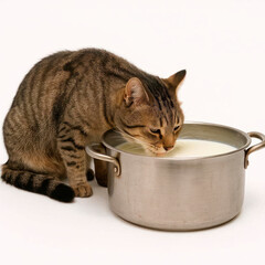 The cat drinks milk from a large pot.