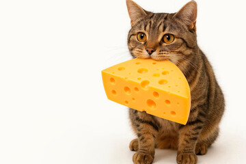 The cat holds a large piece of cheese with its teeth. Space for text.