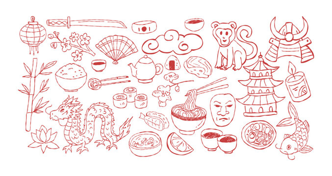 Hand-drawn red doodles of Asian food, symbols, and culture including dragons, sushi, temples, and fans.