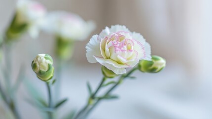 Obraz premium Close up of delicate white carnation flower with pink edges and buds
