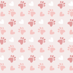 Pastel pink color paws or foot print with hearts seamless pattern design