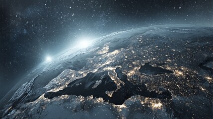 Fototapeta premium Earthrise Europe at Night - Digital Composite, Space View, City Lights, Planet Earth Earth, Space Photography