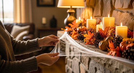 Woman arranging spider web Halloween decor with candles on mantel
