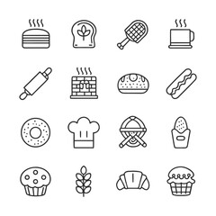 Collection of simple line art icons representing bakery and food items