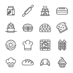 Collection of simple outline icons representing bakery and baking ingredients and tools