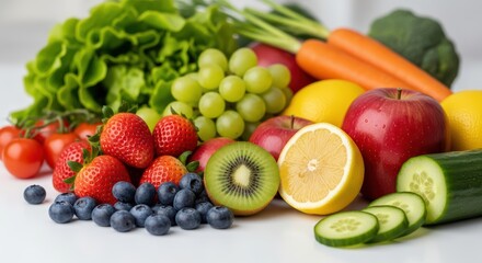 Fresh assorted fruit and vegetables for healthy eating and nutrition