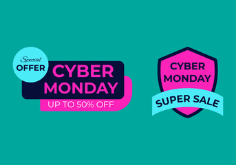 Cyber monday sale promotion with special offer and super sale badges on teal background