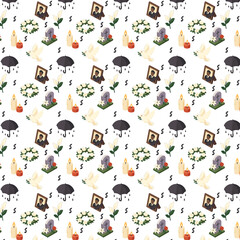 The image is a seamless funeral-themed pattern featuring icons such as candles, doves, tombstones, wreaths, black ribbons, flowers, umbrellas, and memorial portraits on a white background.