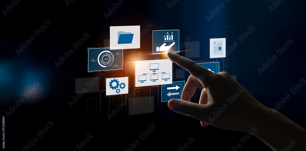 Poster digital business infrastructure with data system, analytics, sync. system management improves access