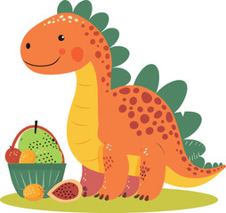 The image shows a cute orange cartoon dinosaur with green spikes standing beside a bowl of tropical fruits, including a fig, orange, and other colorful fruits.