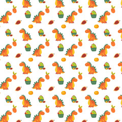 The image shows a seamless fruit-themed pattern with illustrations of oranges, papayas, and cups of fruit salad on a white background.