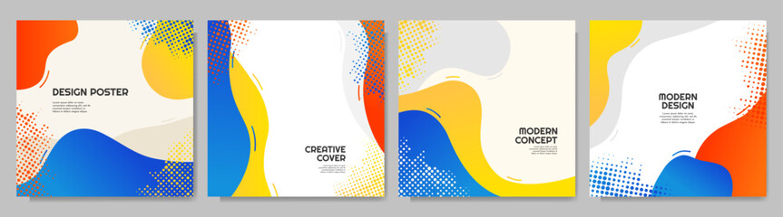 Vector illustration. Banner template. Geometric gradient fluid shapes and lines. Design elements for social media banner, blog post template. Trendy abstract colorful background with halftone dots