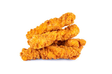 Fried chicken breast strips on white background. Isolated chicken crisps