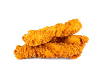 Fried chicken breast strips on white background. Isolated chicken crisps