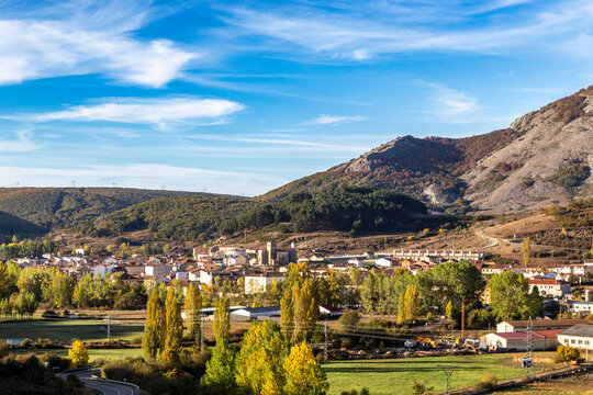 Panoramic view of the autumn village of Cervera de Pisuerga, Palencia, Spain