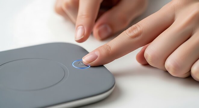Close-up of Finger Pressing Power Button on Wireless Charger