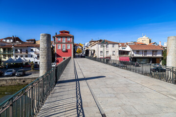 Fototapeta premium View across the ancient Roman Bridge of Trajan (Ponte Romana) into the historic center of Chaves, Portugal