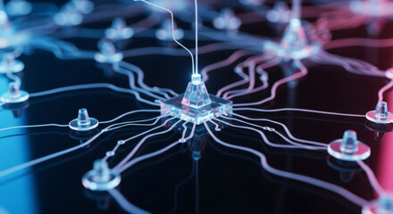 Abstract AI artificial intelligence visualization showing interconnected neural network nodes with flowing neon light connections in cyberpunk style