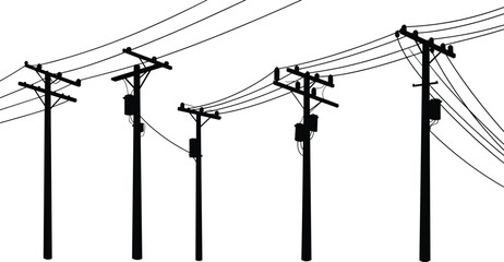 Electric power pole silhouette vector illustration set with utility wires, transmission lines, urban electricity design, distribution system, energy infrastructure graphics