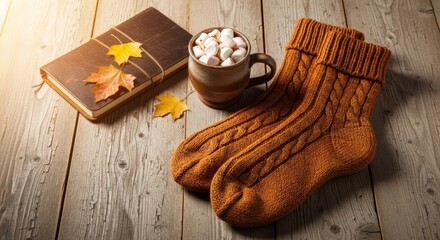 Warm seasonal still life featuring chunky knitted orange socks, ceramic mug with hot cocoa and marshmallows, books and maple leaves
