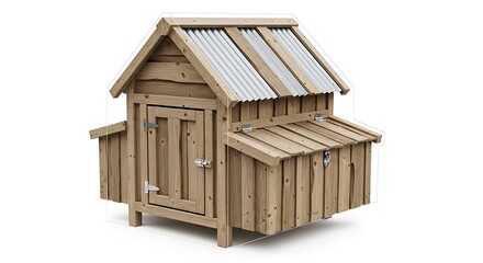 Detailed Wooden Chicken Coop with Metal Roof and Secure Latches