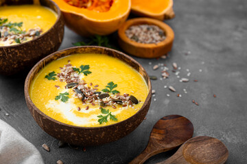Delicious homemade pumpkin soup in bowl