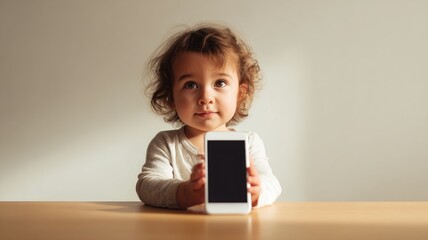 A close-up of a child sitting at a brightly colored table holding a smartphone with a plain black screen.
